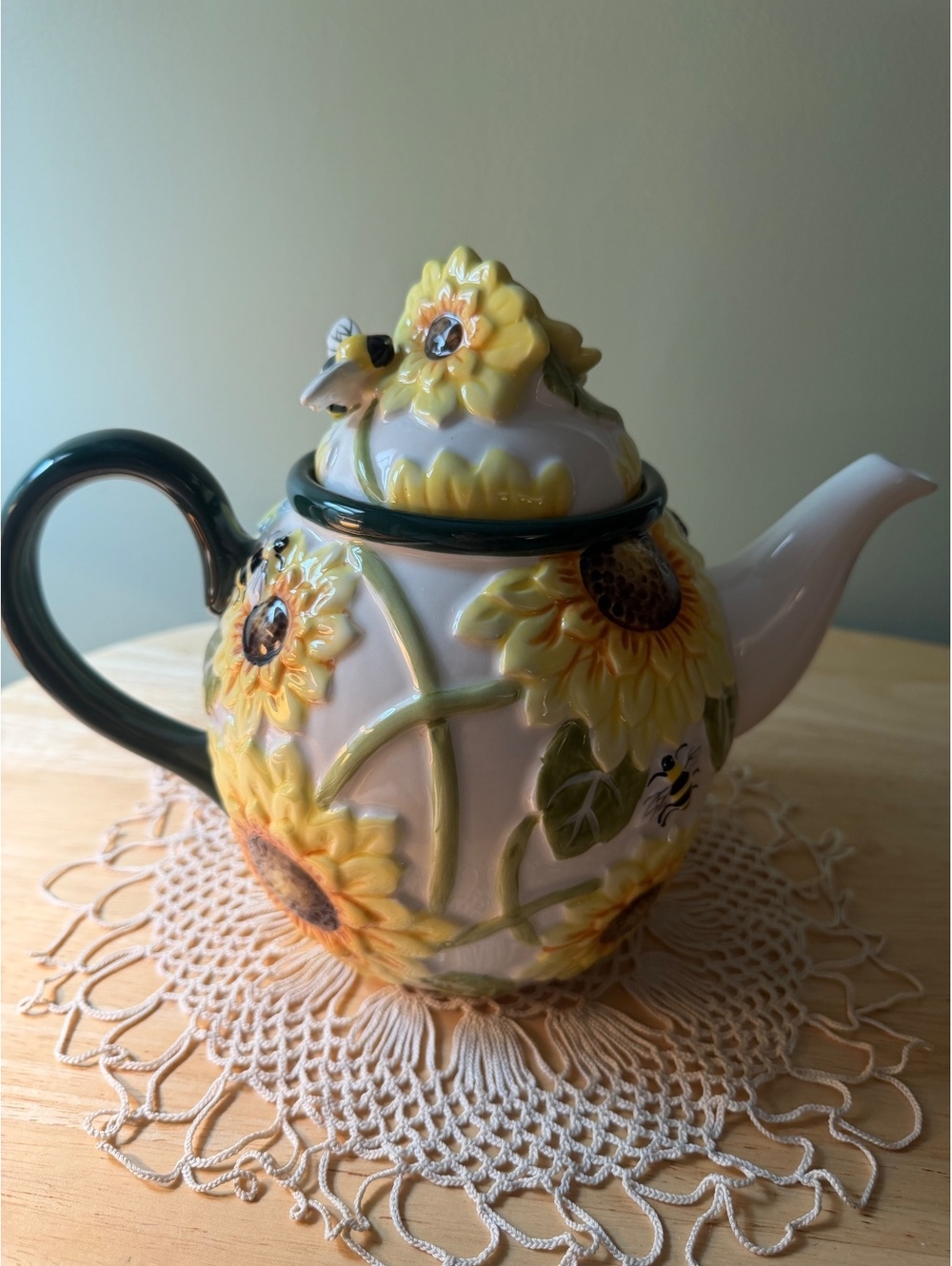 Blue Sky Clayworks Sunflower and Bee Decorative Teapot
